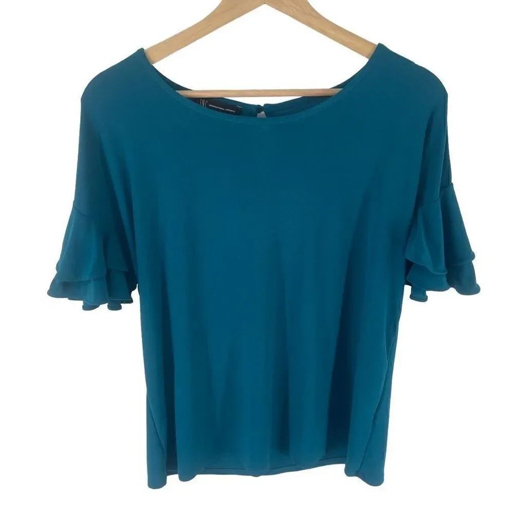 INC International Concepts Women's Ruffled Sleeve Top Shirt Stretch Blue Medium